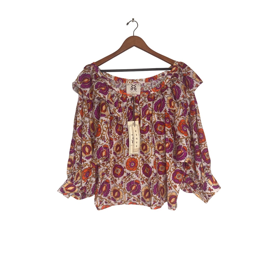 FIGUE Off Shoulder Blouse Floral Print Purple Orange Cotton Long‎ Sleeve Top NEW